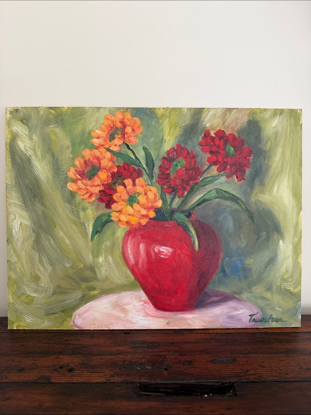 Vintage Hand-Painted Floral Still Life in Red Vase.  Signed by Artist.